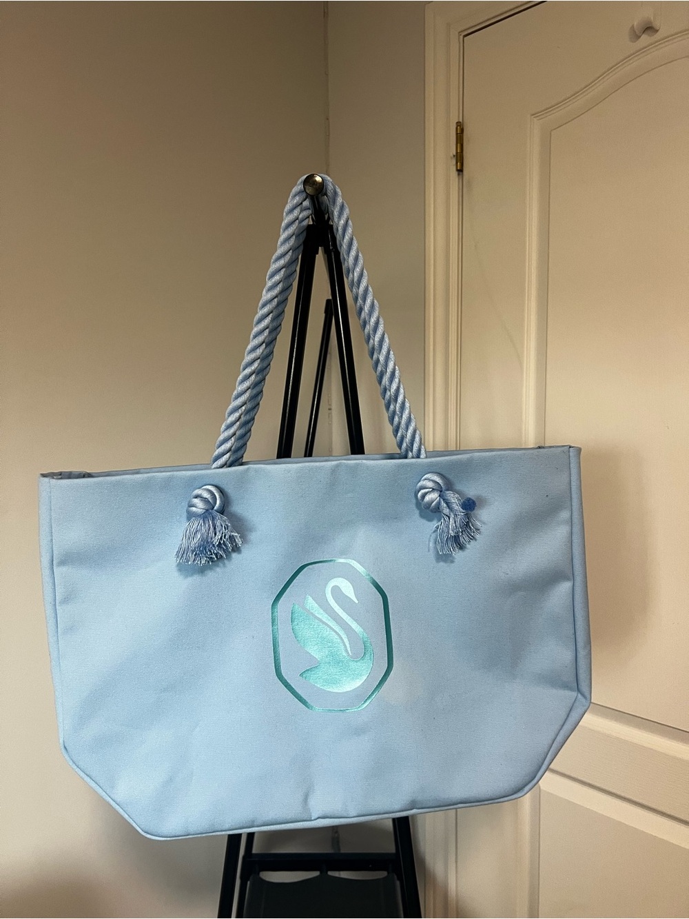 Swarovski Light Blue Canvas Maxi Tote Bag Rope Handles & Matching Pouch
